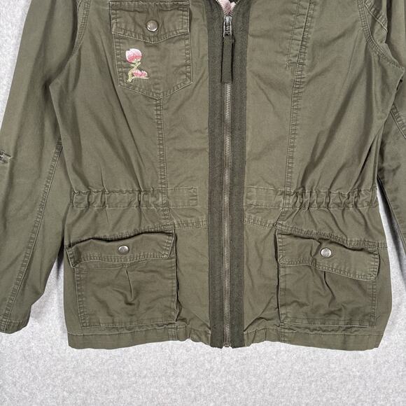 Embroidered Utility Jacket Medium Army Military Chore Barn Thin Butterfly Flower - Picture 4 of 13